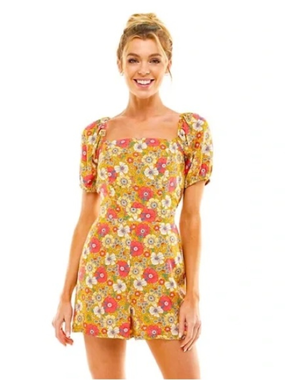 NWT Lily Rose Mustard Pink Floral Square-Neck Puff Sleeve Romper Small Bohemian